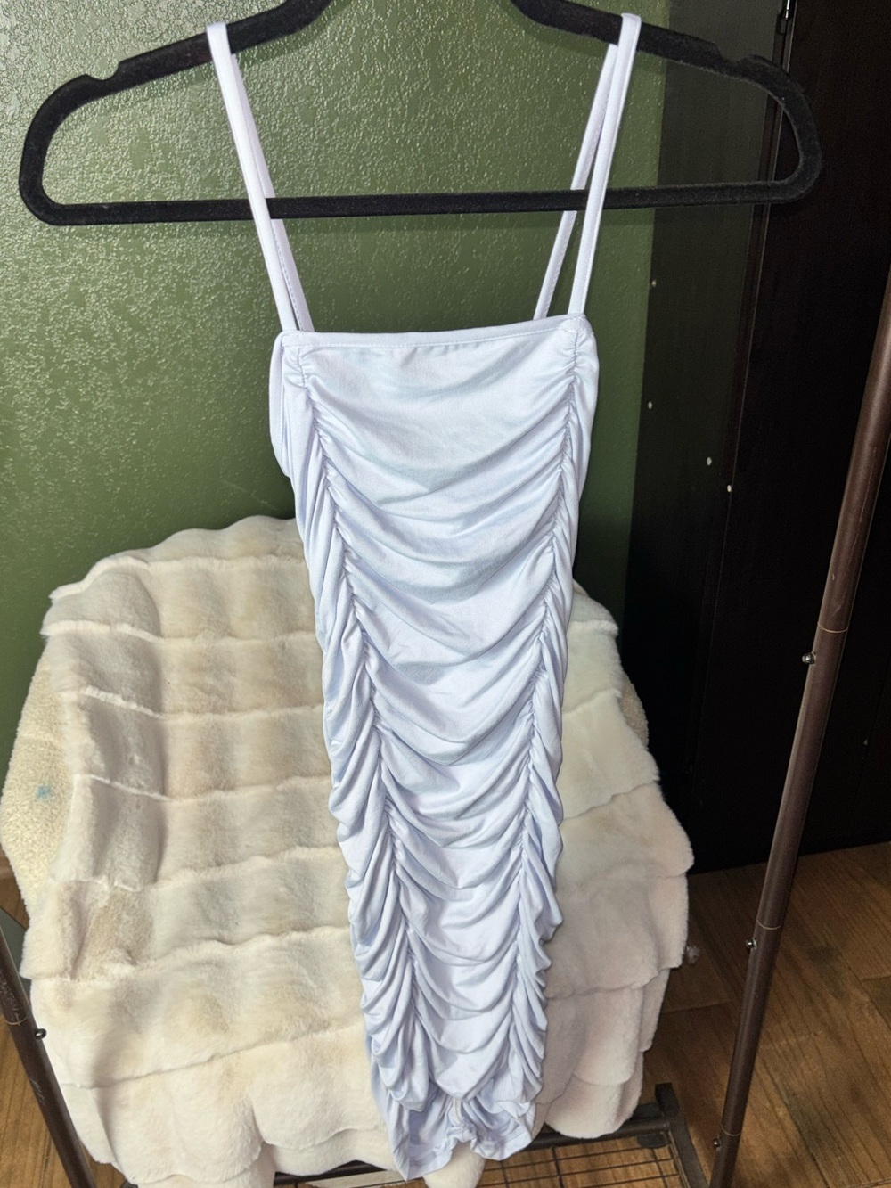 Lite blue color Ruched Spaghetti Strap Midi Dress